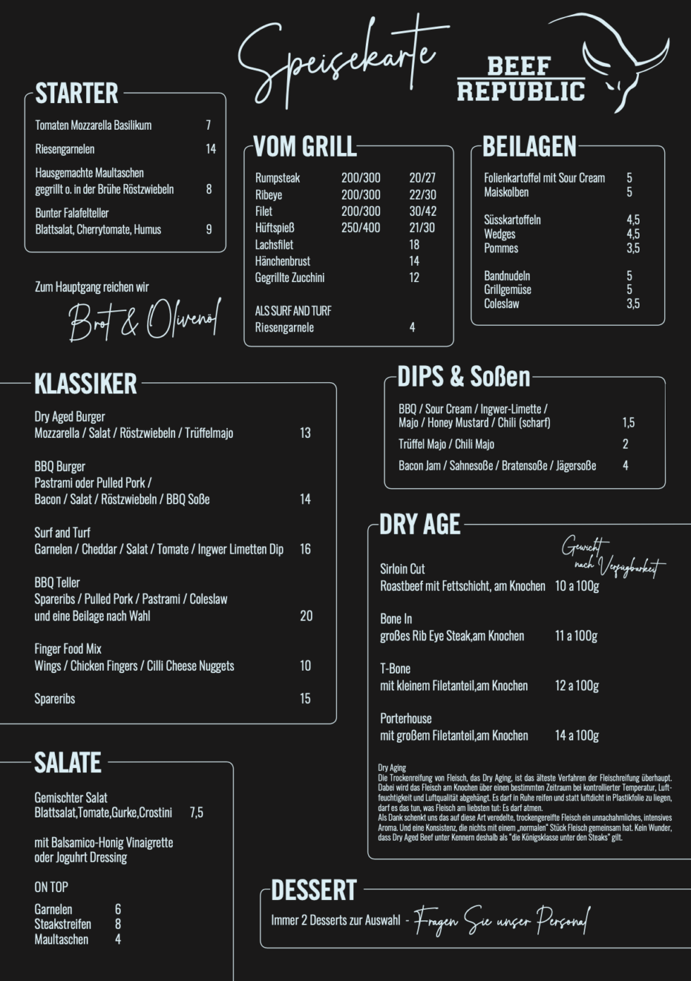 BEEF REPUBLIC Speisekarte Steaks, Burger, Sandwiches u.v.m.